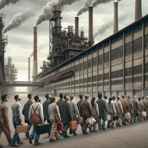 Unemployed workers leaving factory.