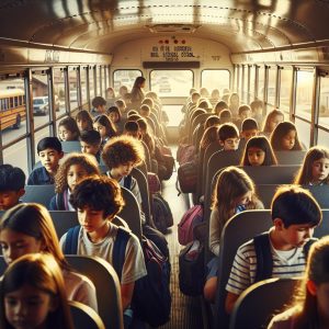 Crowded school bus scene.