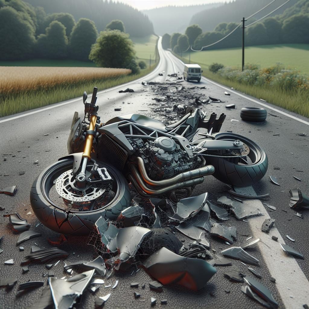 Motorcycle crash aftermath scene.