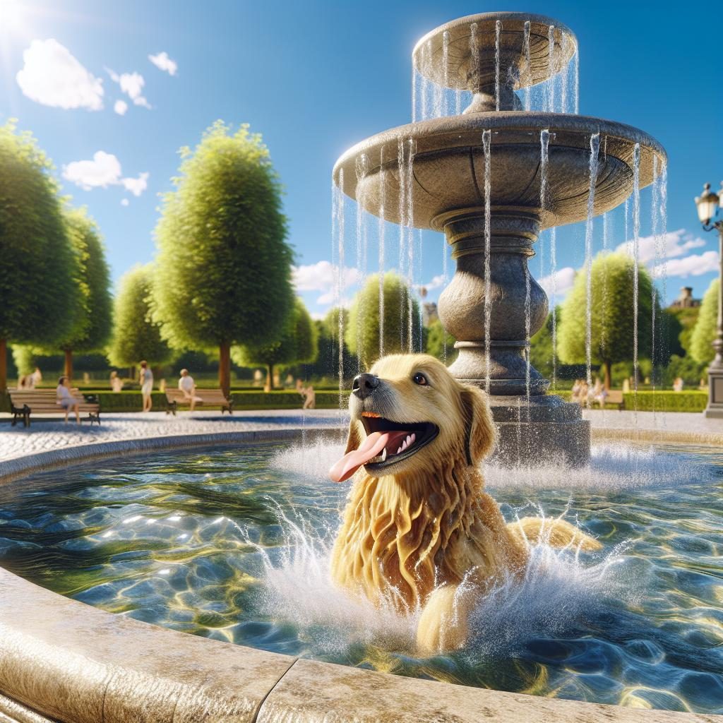 Dog cooling off in fountain