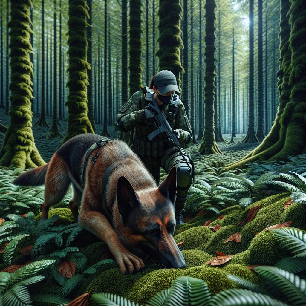 K-9 unit searching forest.