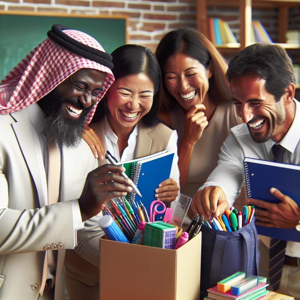 Teachers receiving school supplies.