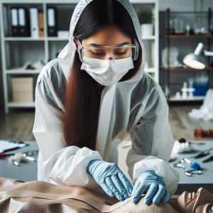 Forensic scientist examining body