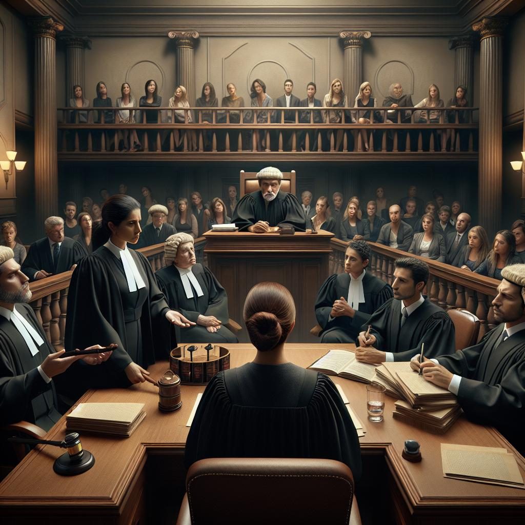 Courtroom drama scene illustration.