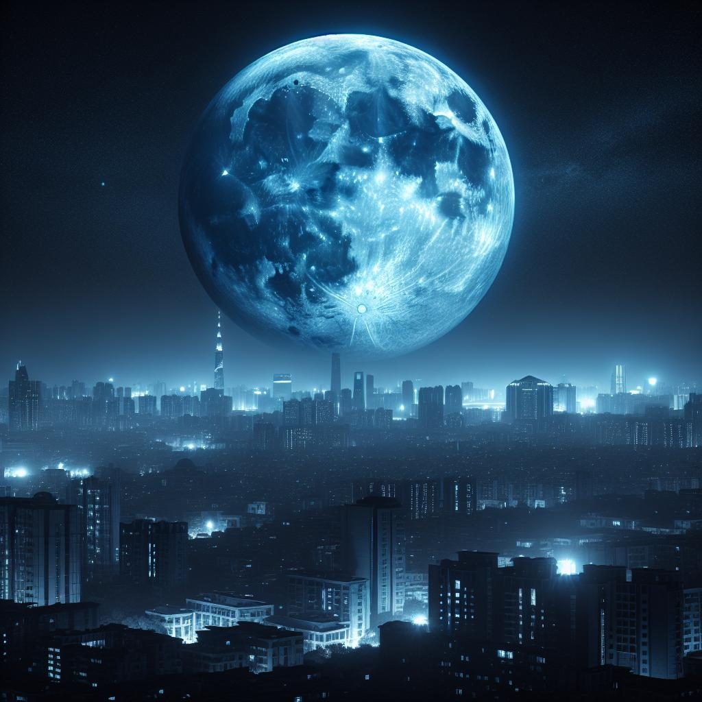 Blue supermoon above city.