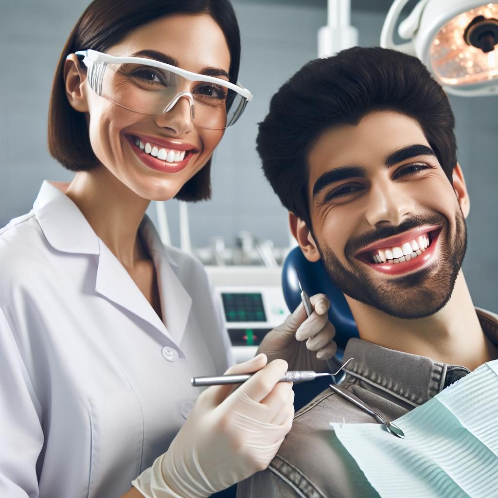 Dentist helping smiling patients.