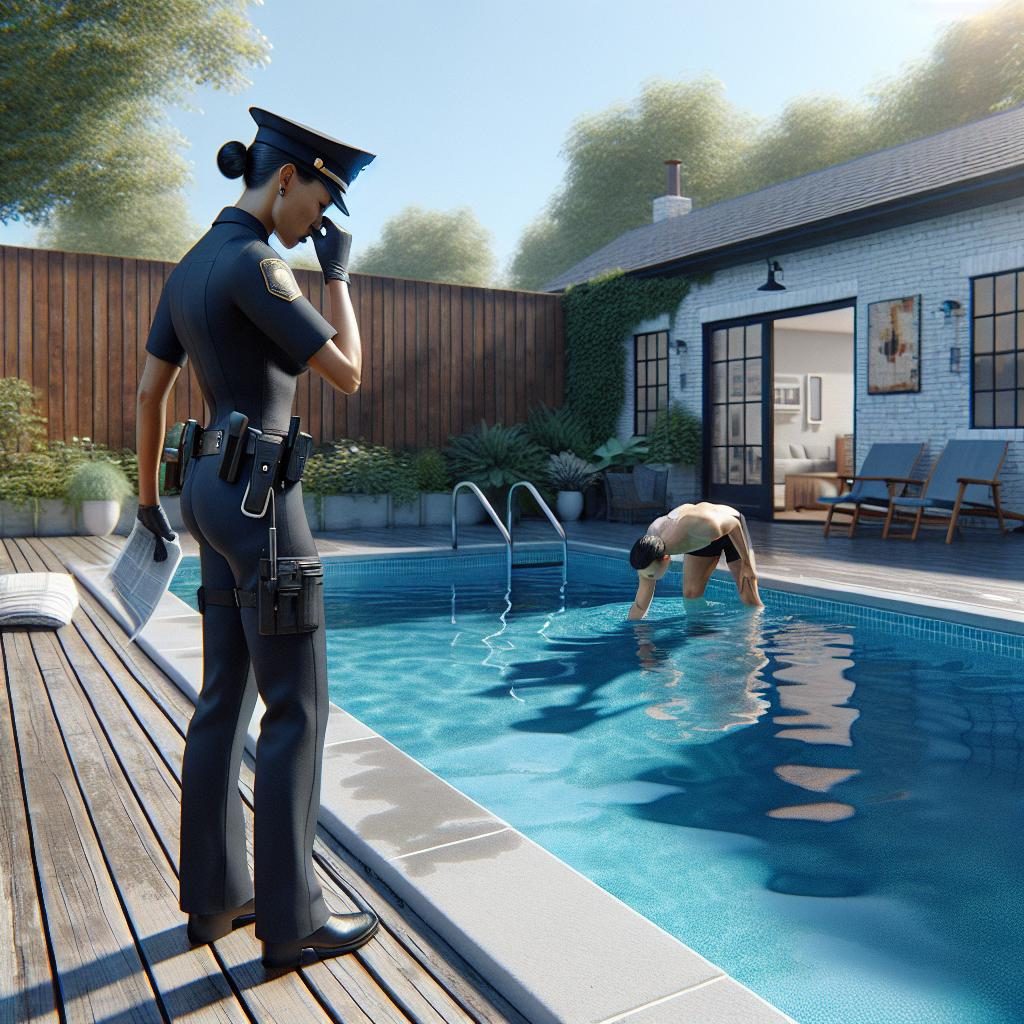 Police investigate backyard pool.