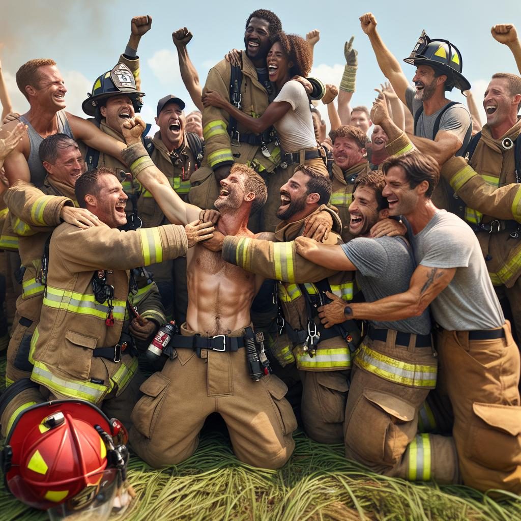 Firefighters celebrating together outdoors.