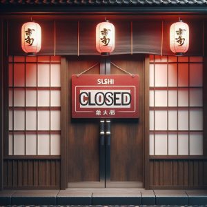 Sushi restaurant closure sign.