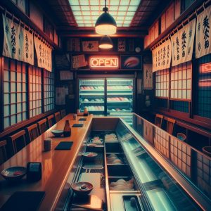 Empty sushi bar closure.