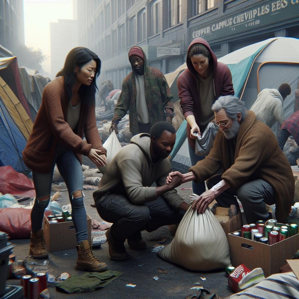 Homeless community tent dismantling.