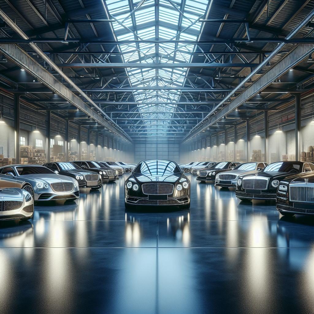 Luxury cars in warehouse.