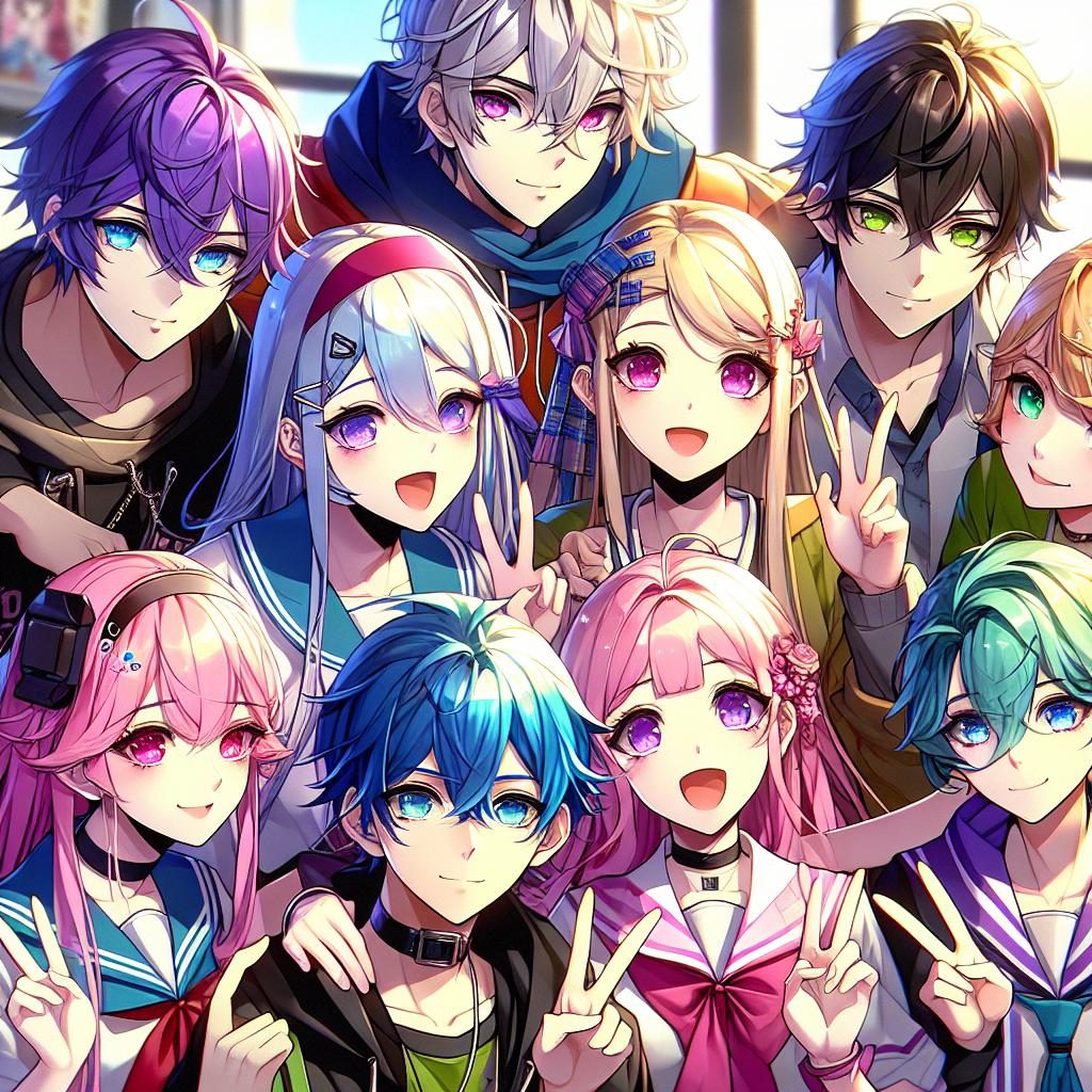 Colorful anime group photo.