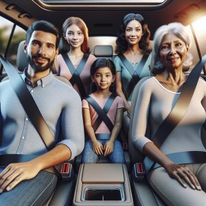 Family wearing seatbelts together.