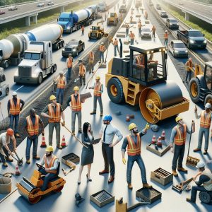 Construction workers repairing highway.