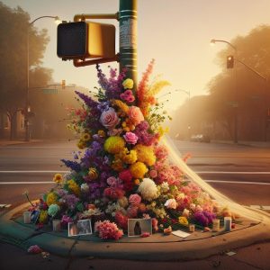 Memorial flowers at intersection