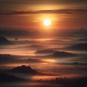 Golden sunrise over misty landscapes.