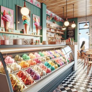 Colorful gelato shop interior.