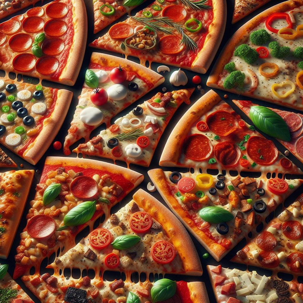 Pizza slice assortment background.