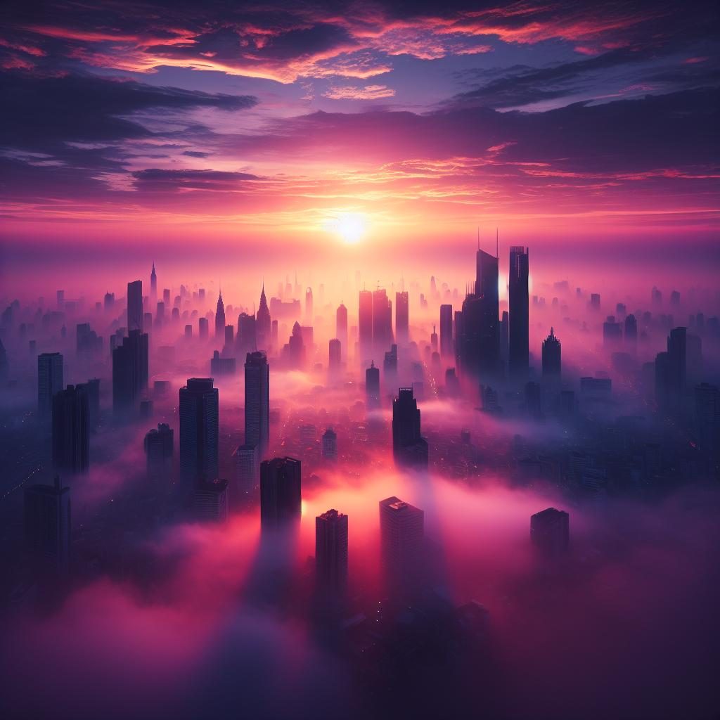 Foggy sunrise over city.