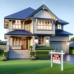 Suburban house with "Sold" sign