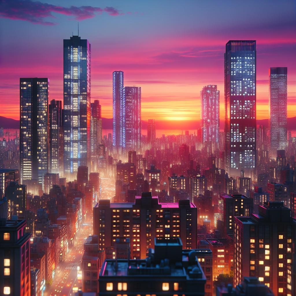 City skyline at sunset.