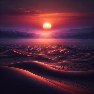 Sun setting over desert.