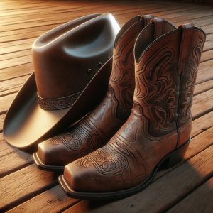 Cowboy hat and boots.