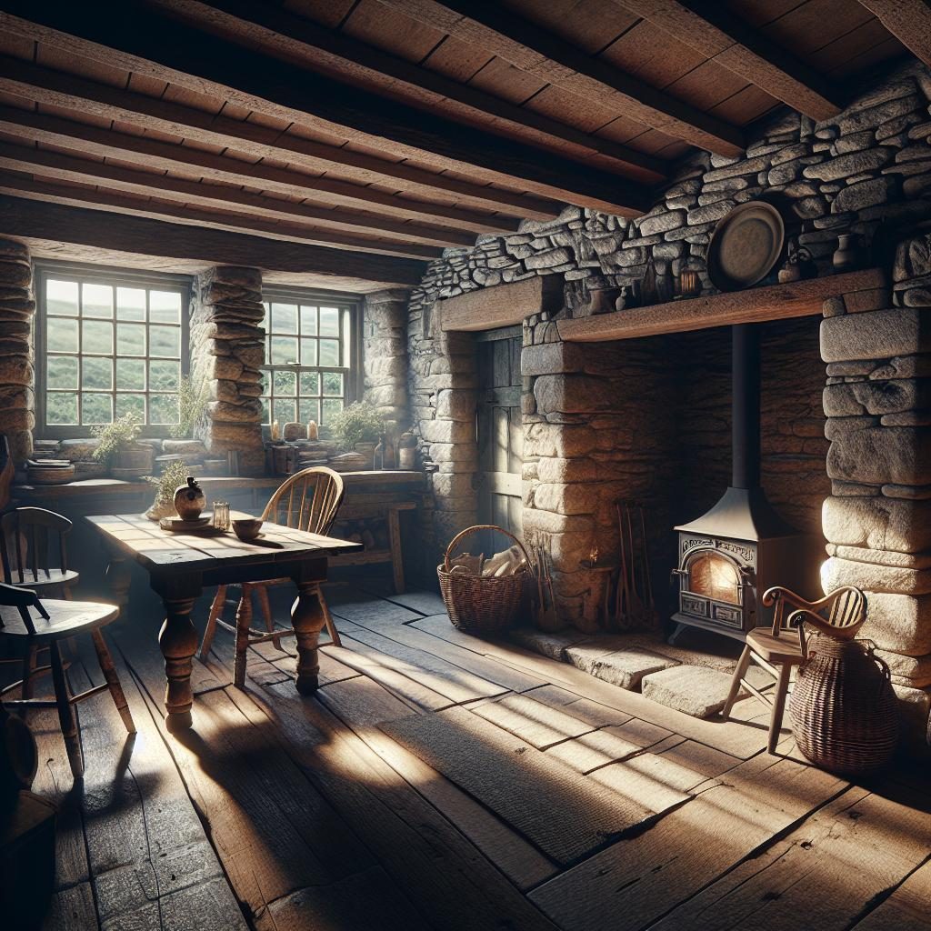 "Rustic stone cottage interior"