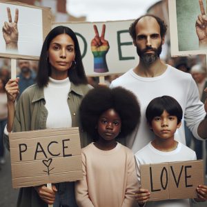 Family holding protest signs.