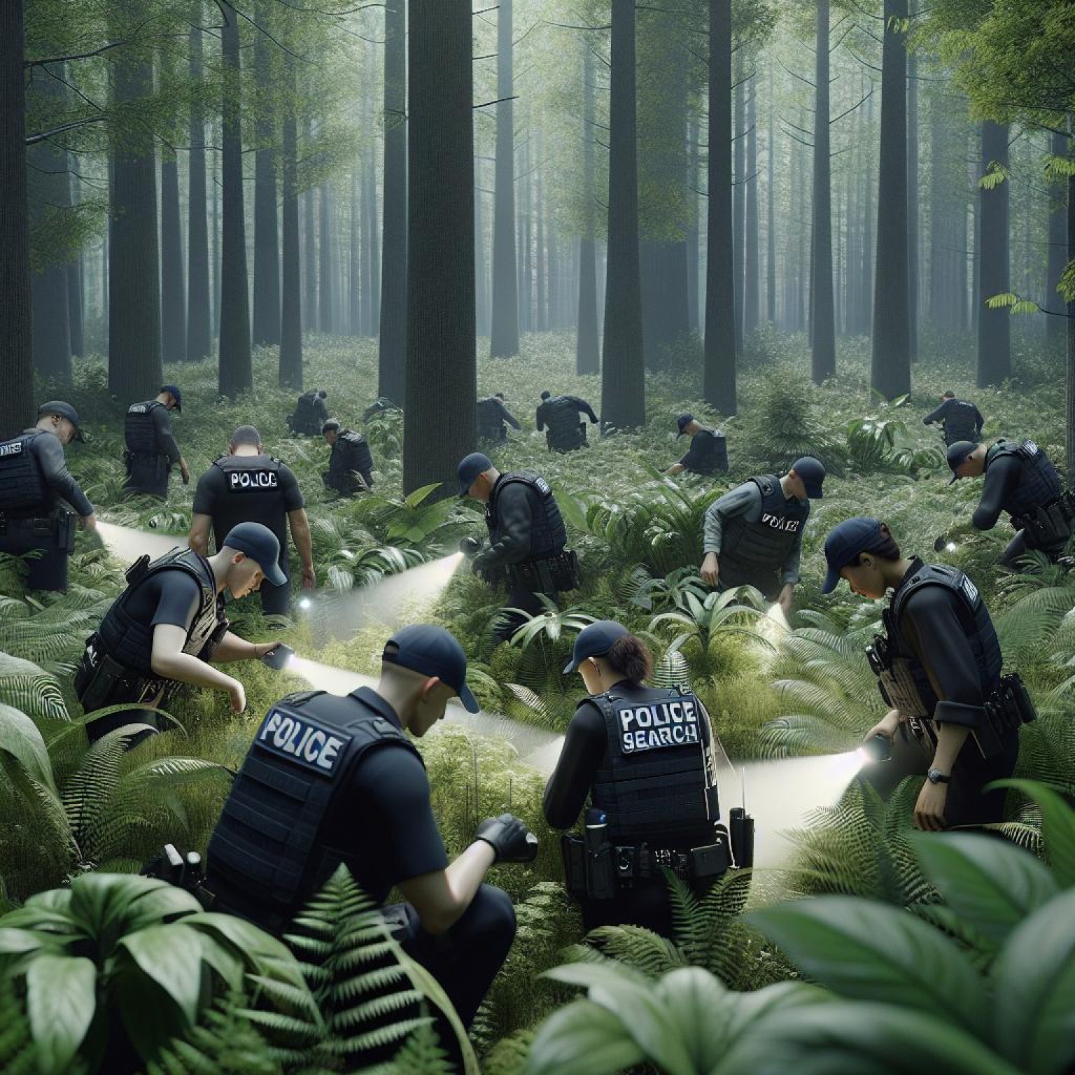 Police searching in forest.