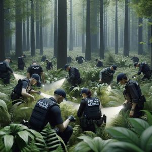 Police searching in forest.