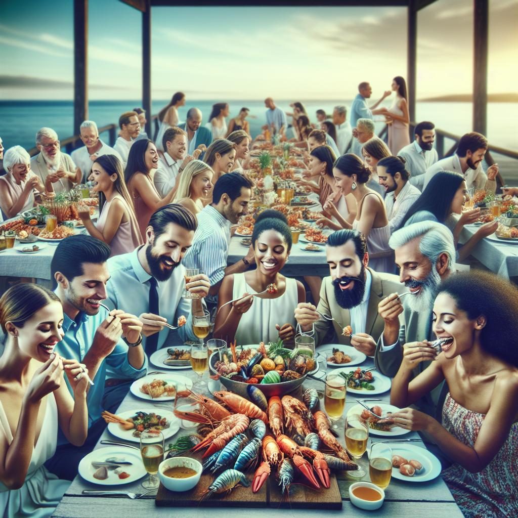 Crowd Enjoying Seafood Feast