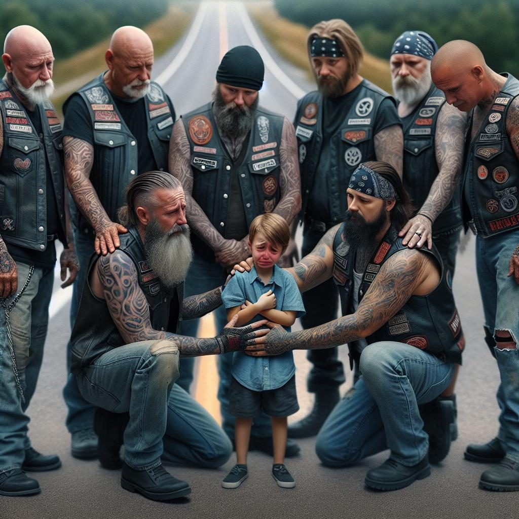 Bikers comforting abused child.