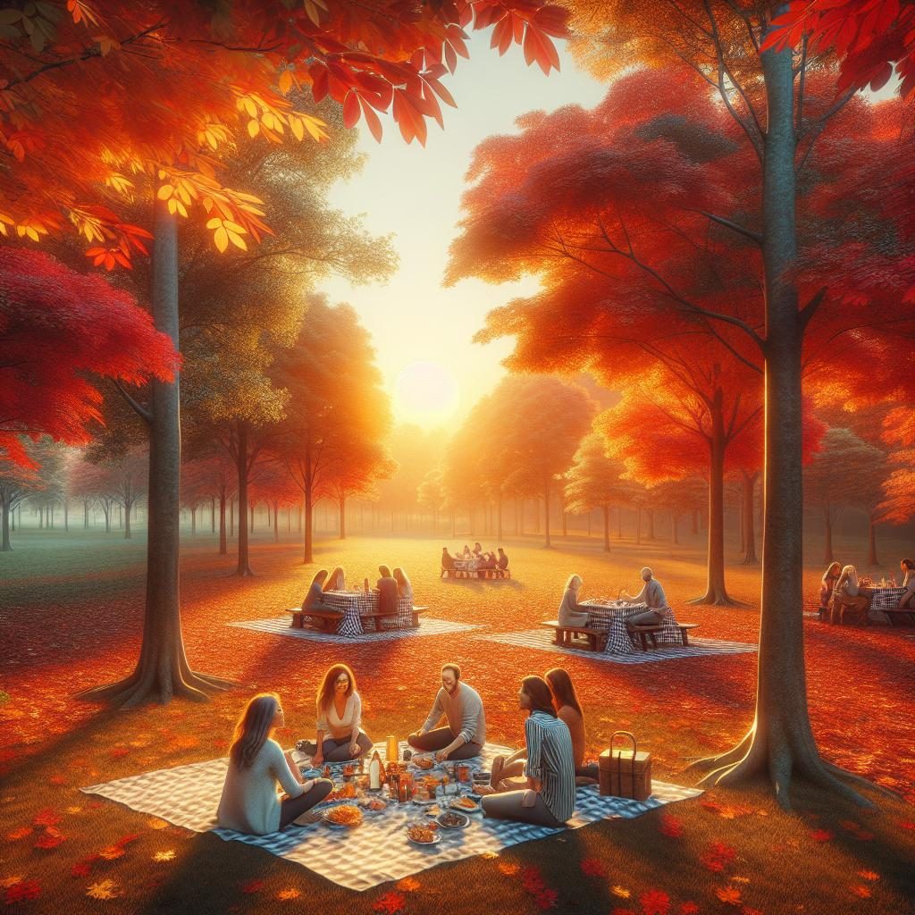 Autumn sunset park picnic