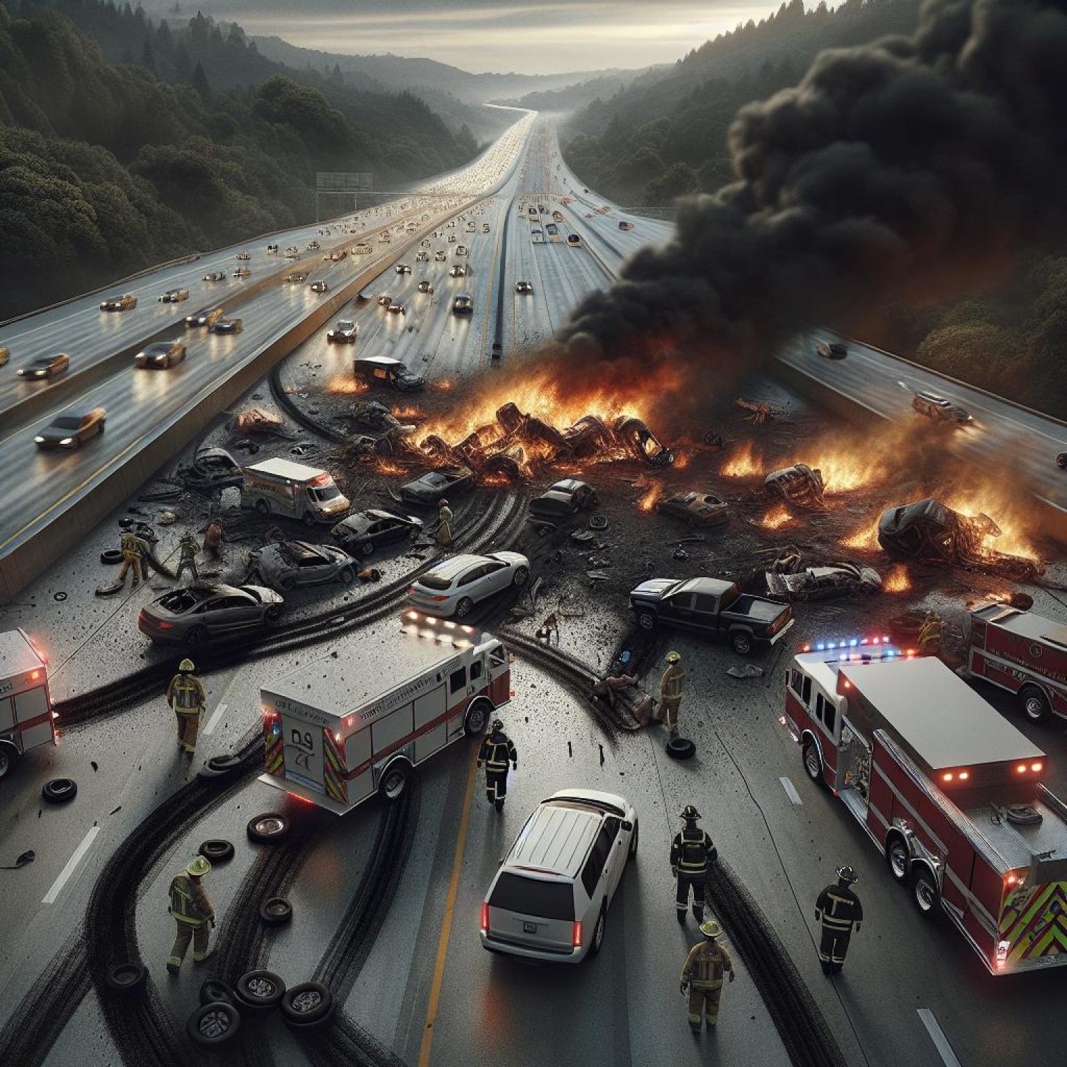 Fiery highway collision aftermath.