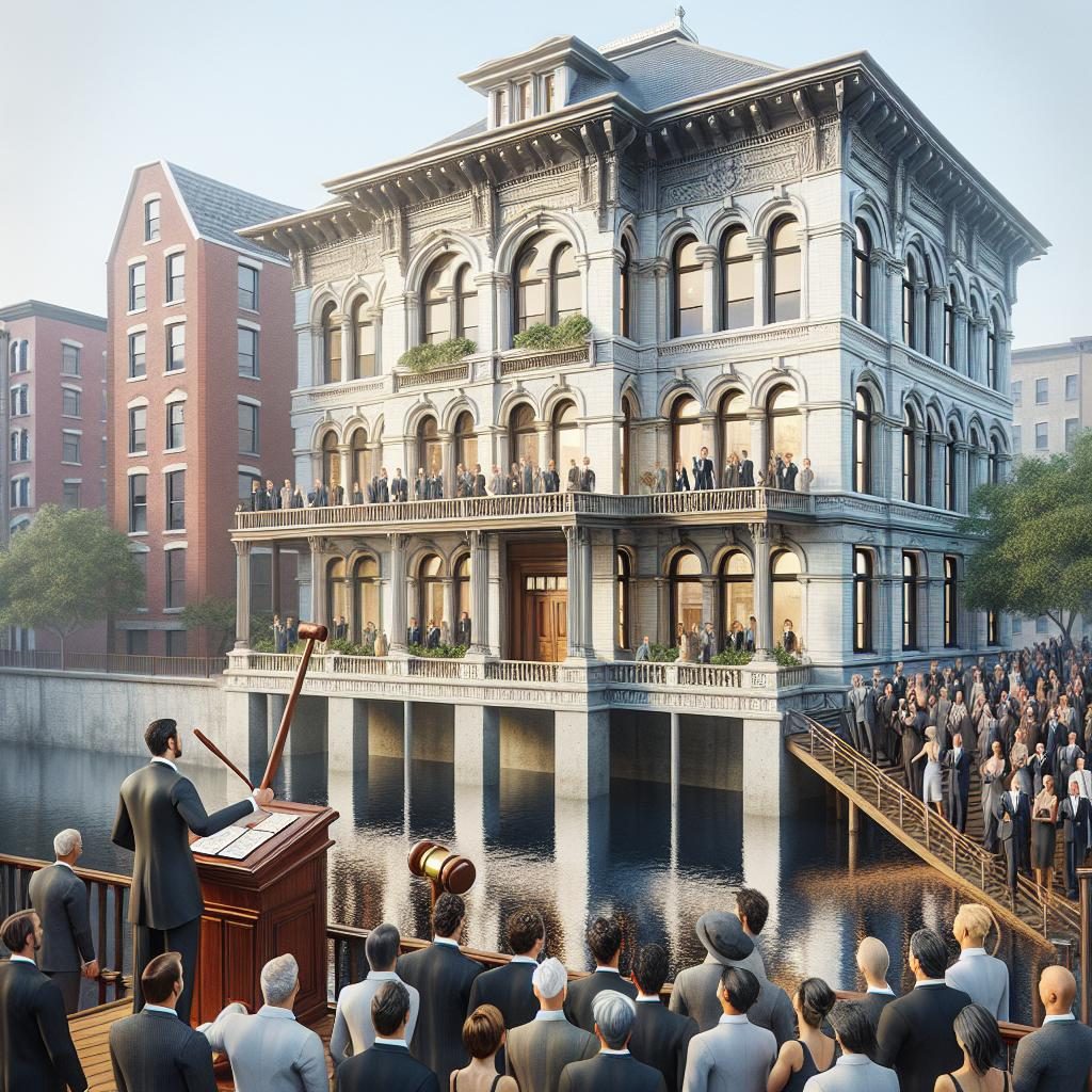 Riverfront building auction concept.