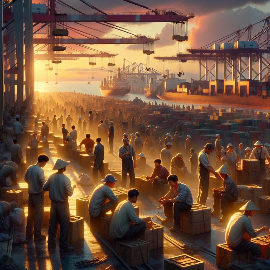 Dockworkers at sunset