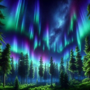 "Aurora Borealis over forest"