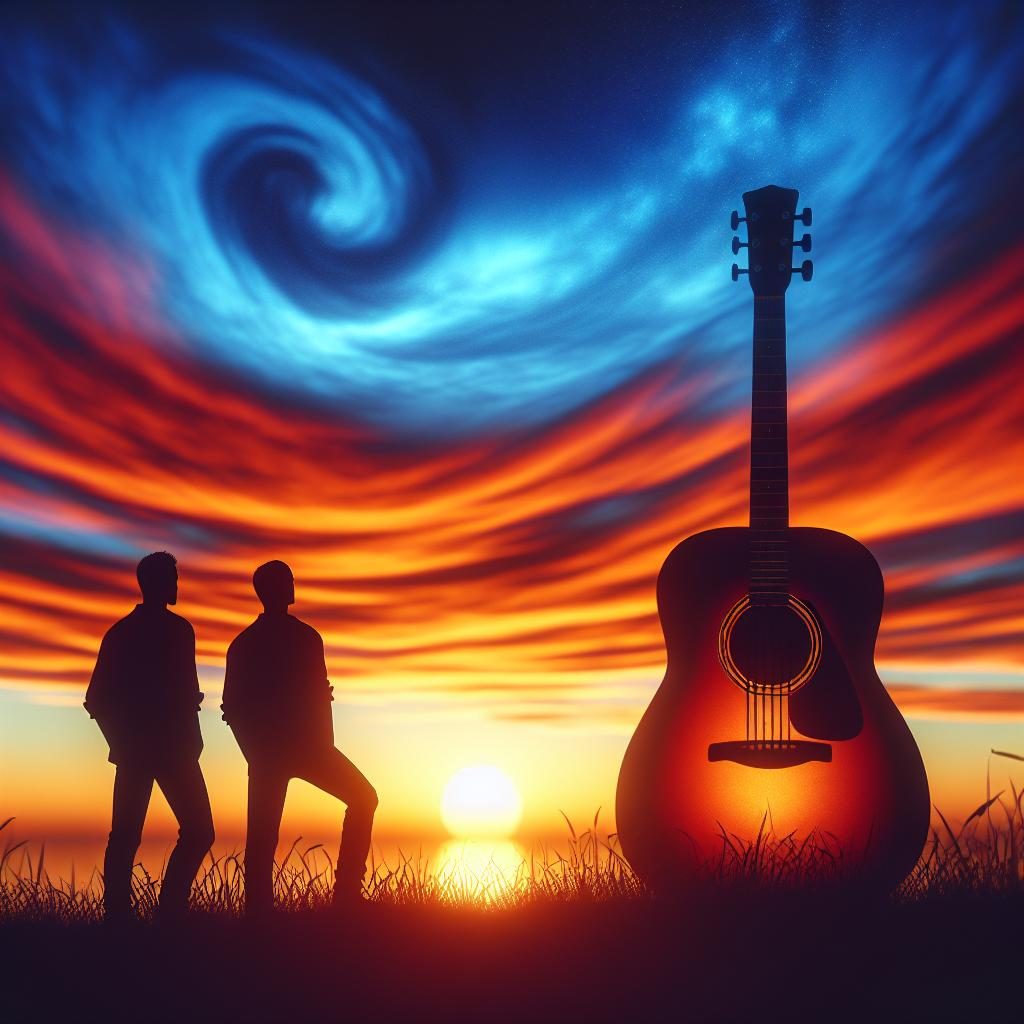 Guitar against sunset sky