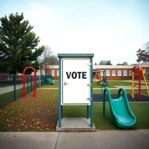 Voting booth surrounded by empty school playground equipment.