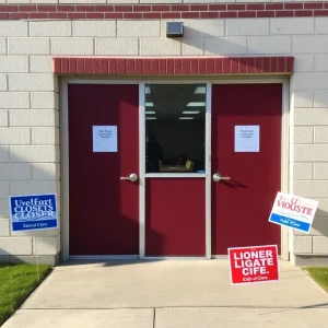 Classroom with closed doors and election signs outside.