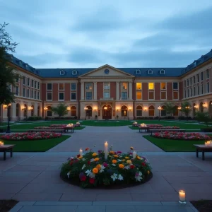 Empty university quad with flowers and candles.