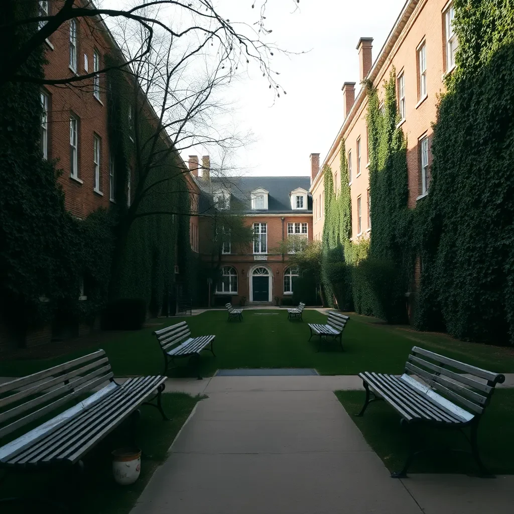 Quiet campus scene with empty benches and ivy-covered walls.