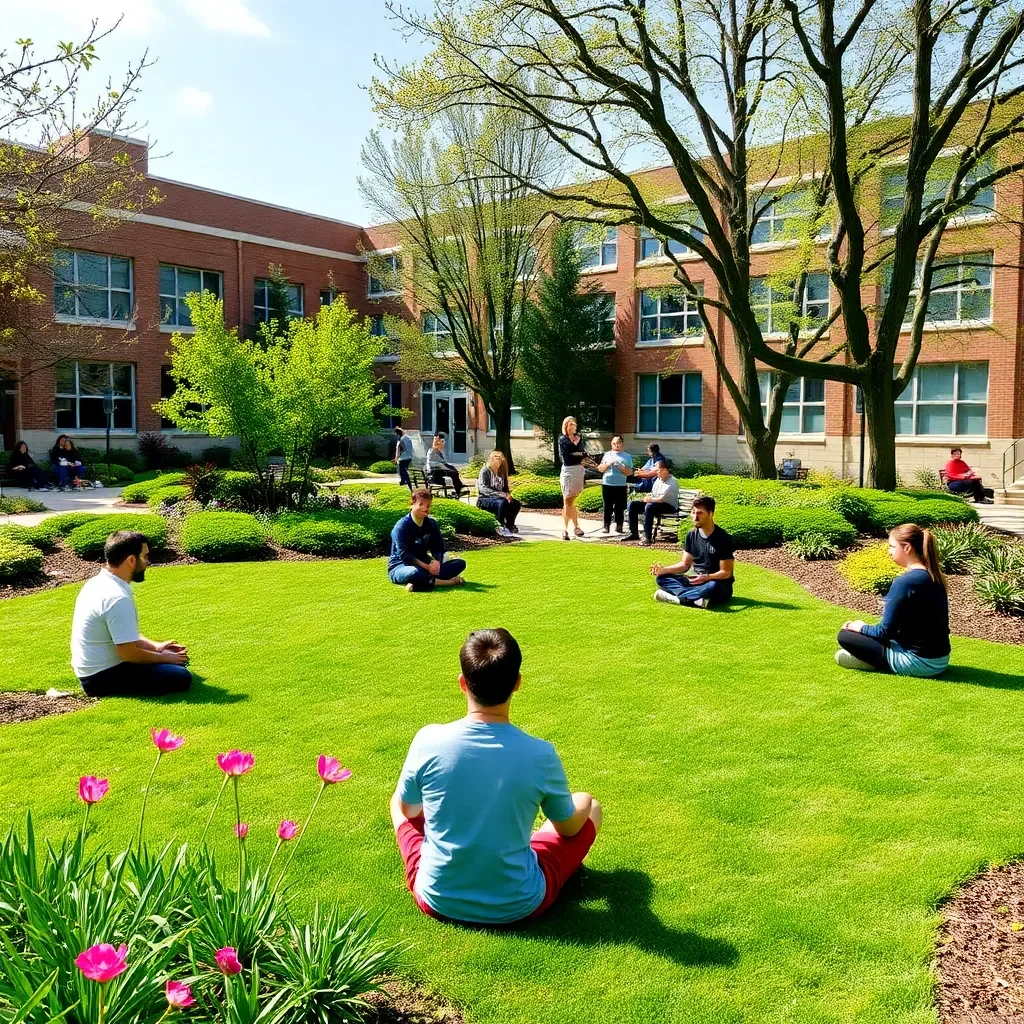 Tranquil campus garden with students engaging in mindfulness activities.