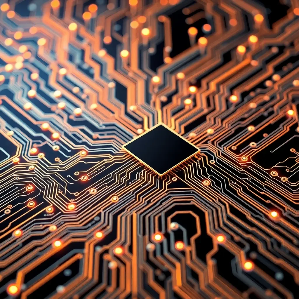 Futuristic computer circuit board with neural network pattern.