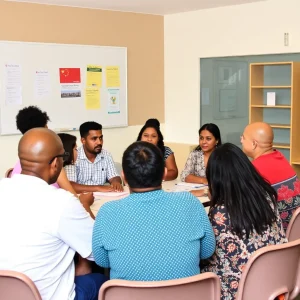 Community meeting with diverse parents discussing school changes.