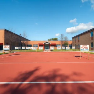 Empty school playground with voting signs in background