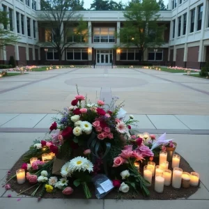 Empty campus courtyard with flowers and candles memorializing loss.