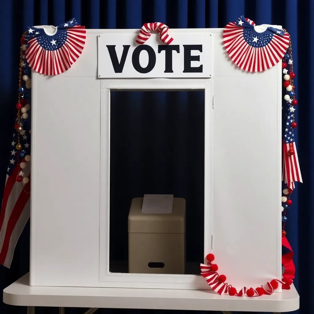 Voting booth with ballot and patriotic decorations.